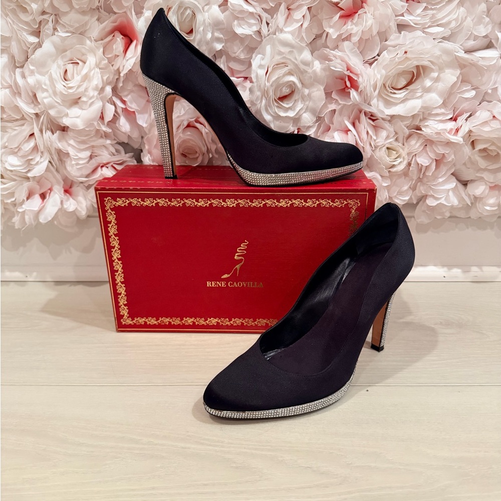 Rene Caovilla Black Satin Pumps with Crystal-Trim Heel